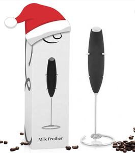 Inner Alpha Milk Frother Handheld Battery Operated Electric Foam Maker For Coffee, Latte, Cappuccino, Hot Chocolate, Durable Drink Mixer With Stainless Steel Whisk, Stainless Steel Stand Include (Black)